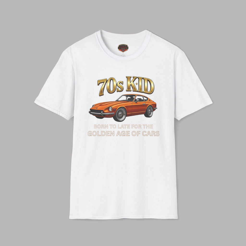 White t-shirt with a graphic of a 240Z and text on a gray background