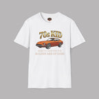 White t-shirt with a graphic of a 240Z and text on a gray background