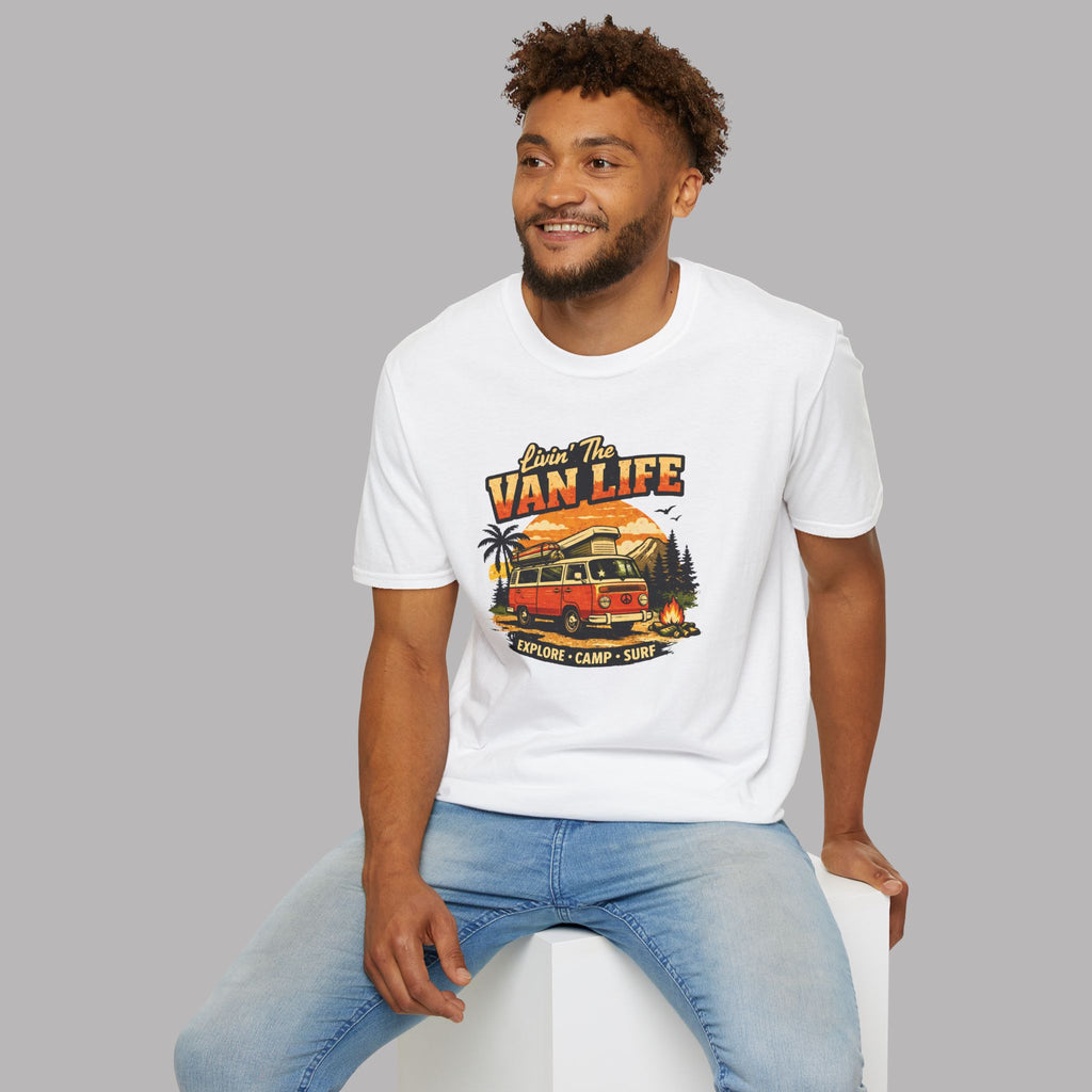 Man wearing a white t-shirt with 'Van Life' graphic design on a gray background