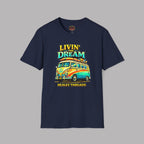 Navy blue t-shirt with a colorful van graphic and text on a gray background