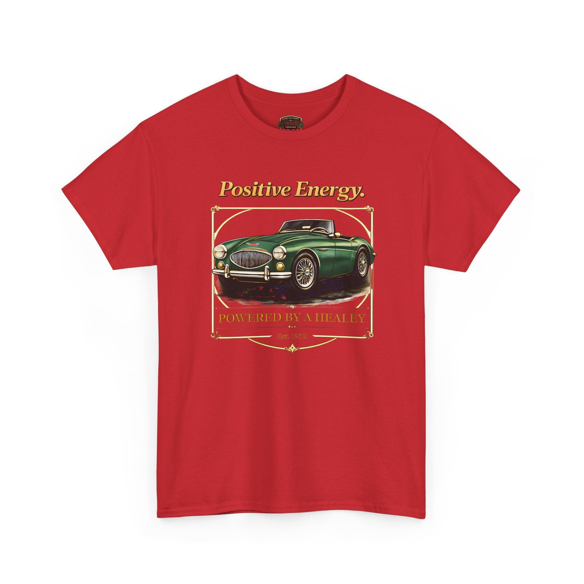 Red t-shirt with a green classic car graphic and text on a white background