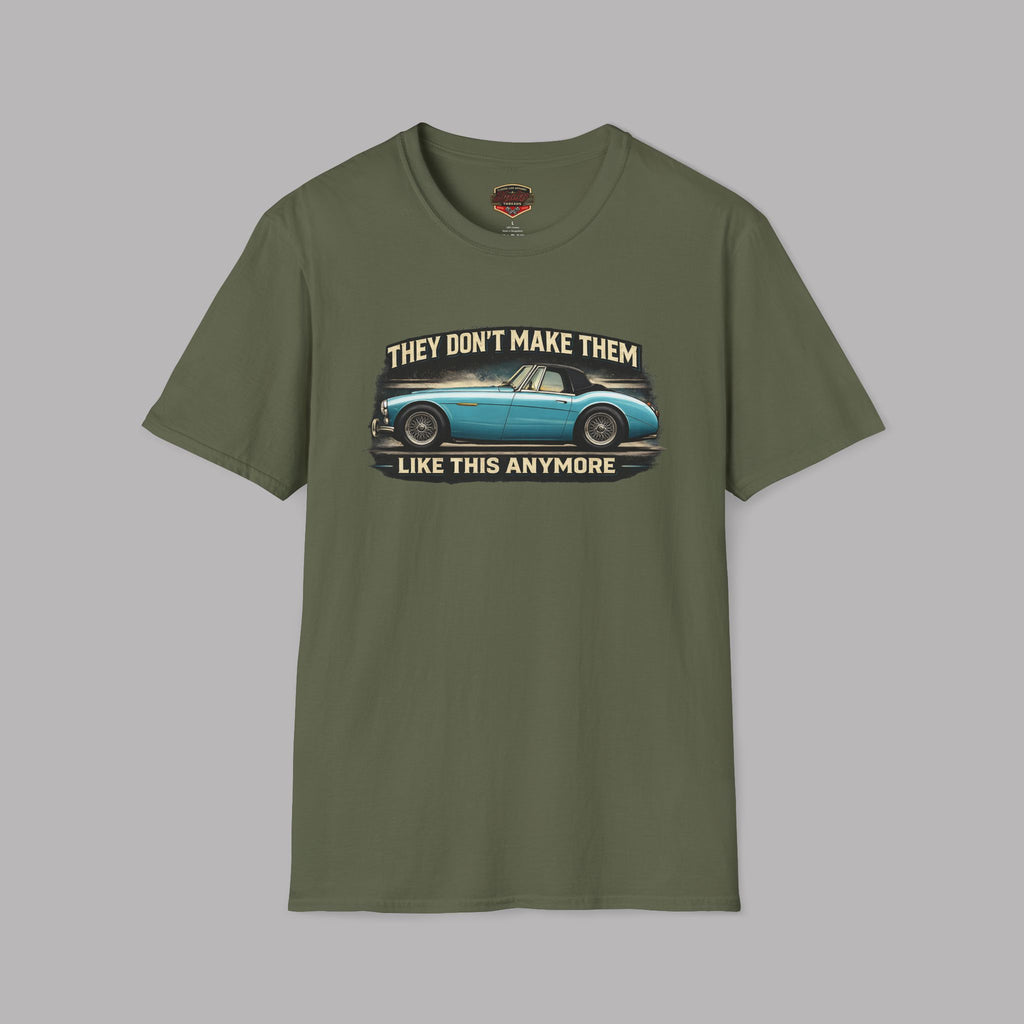 Military green t-shirt with a graphic of a blue Healey car and text on a gray background