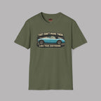 Military green t-shirt with a graphic of a blue Healey car and text on a gray background
