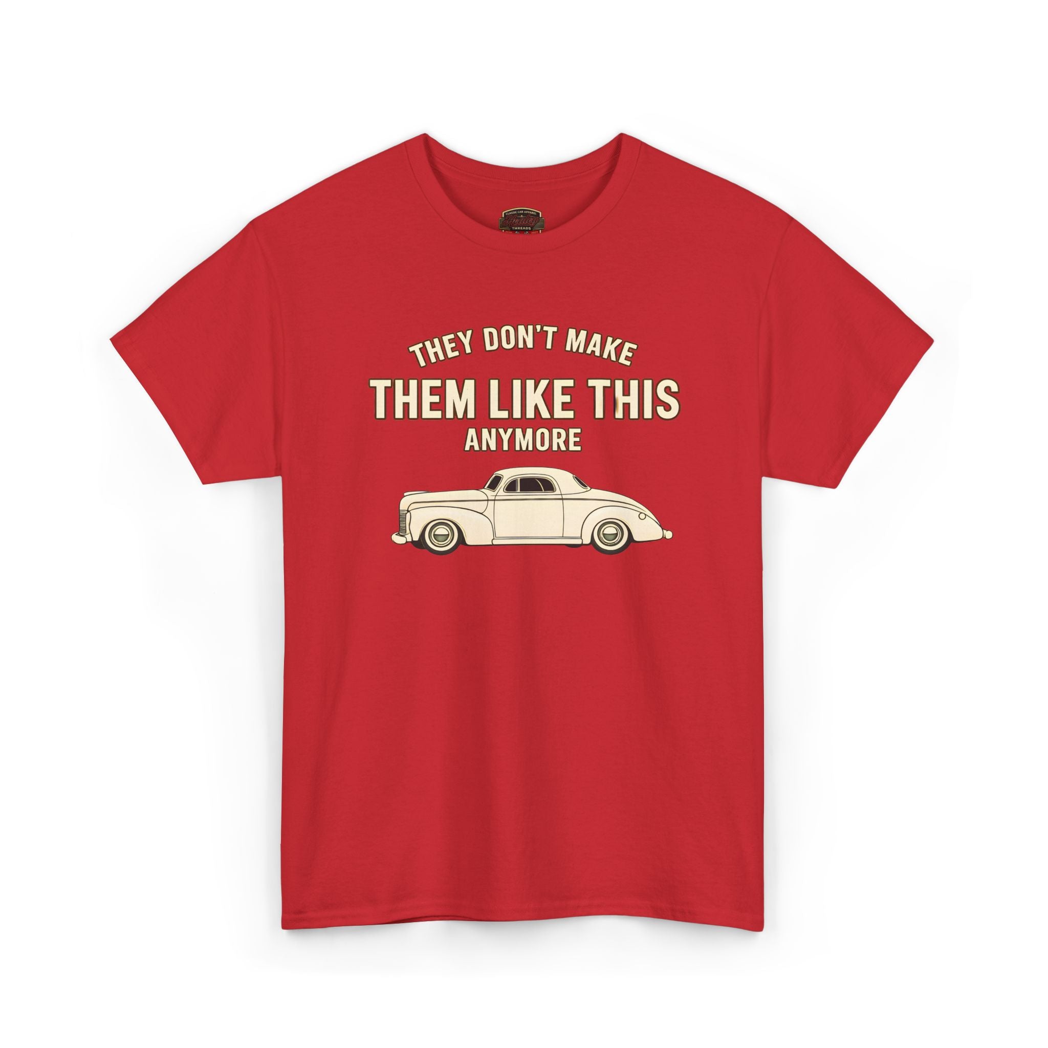 Red t-shirt with vintage car graphic and text on a white background