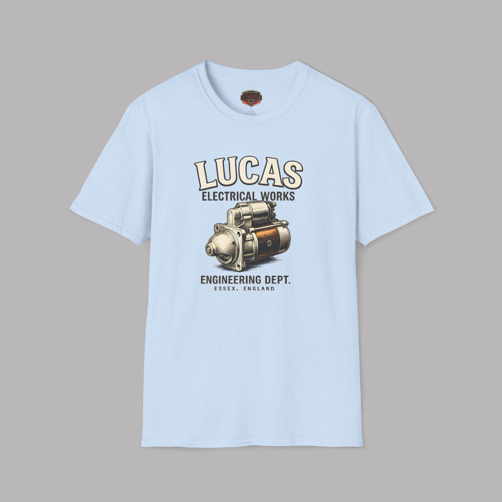 Light blue t-shirt with Lucas Electrical Works graphic on a gray background