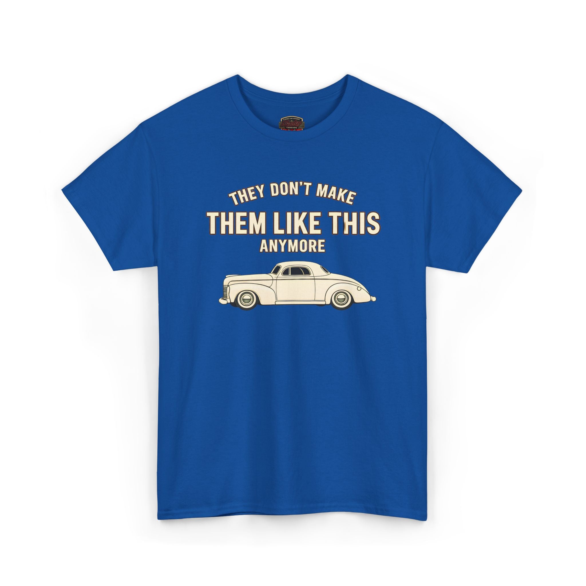 Royal blue t-shirt with vintage car graphic and text on a white background