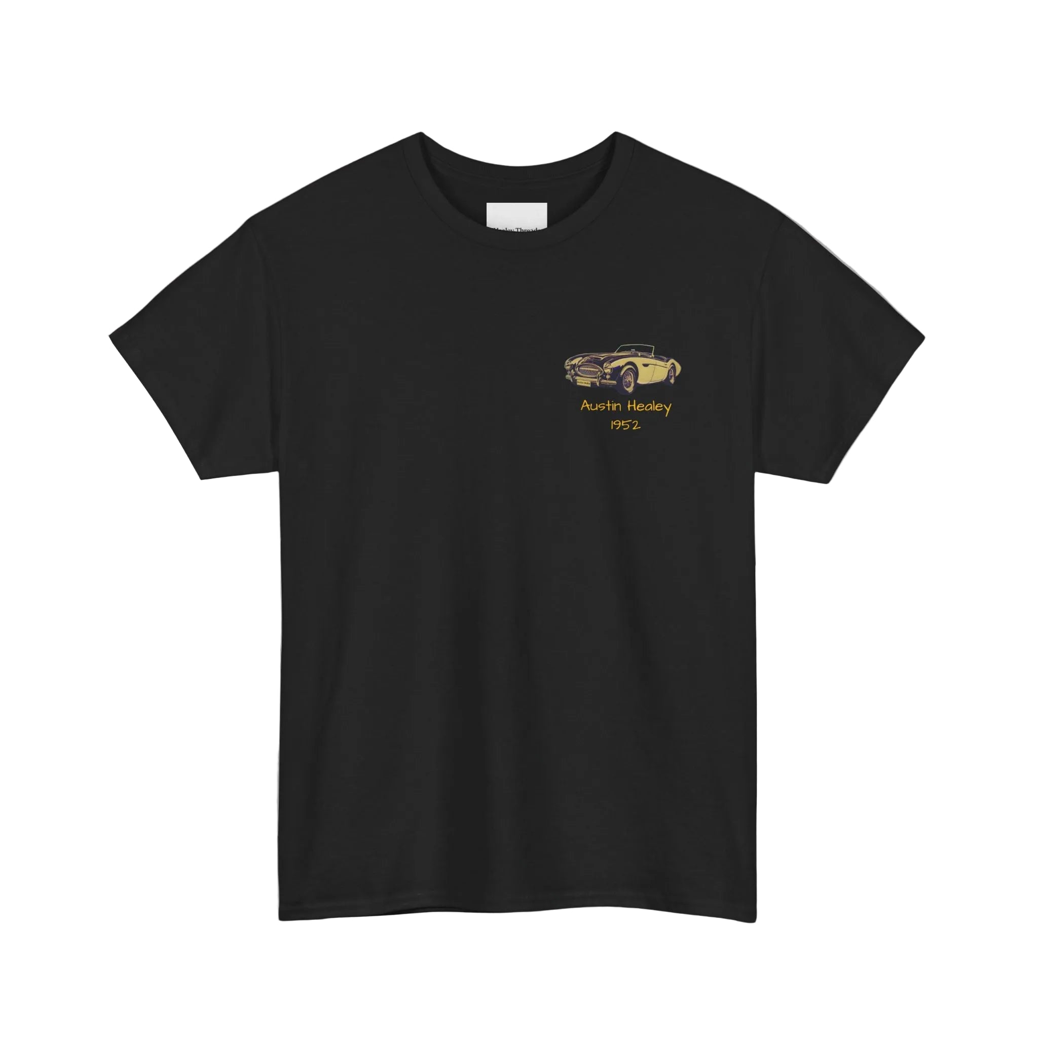 Black t-shirt with a small yellow graphic on a white background