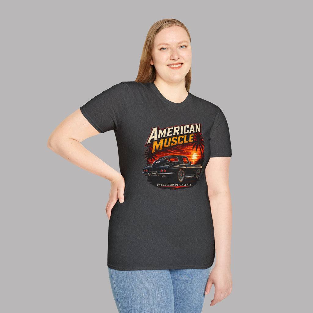 Woman wearing a black t-shirt with an 'American Muscle' car graphic design on a gray background
