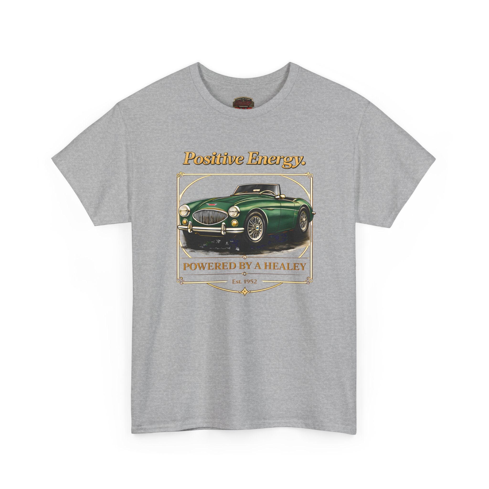 Gray t-shirt with a green classic car graphic and text on a white background