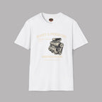 White t-shirt with engine graphic and text on a gray background