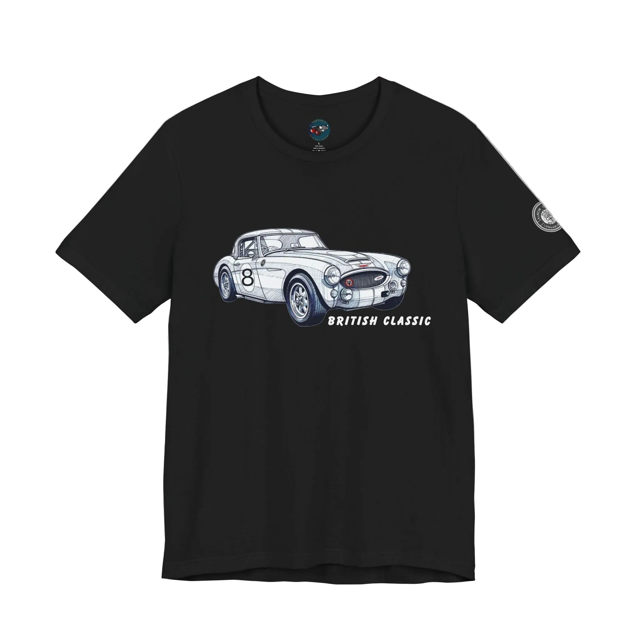 Black t-shirt with a white car graphic and 'British Classic' text on a white background