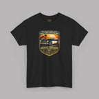 Black t-shirt with a graphic car design on a gray background