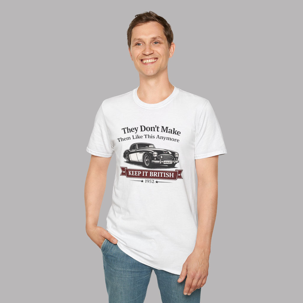 Man wearing a white t-shirt with a Healey car graphic and text on a gray background