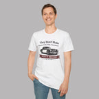 Man wearing a white t-shirt with a Healey car graphic and text on a gray background