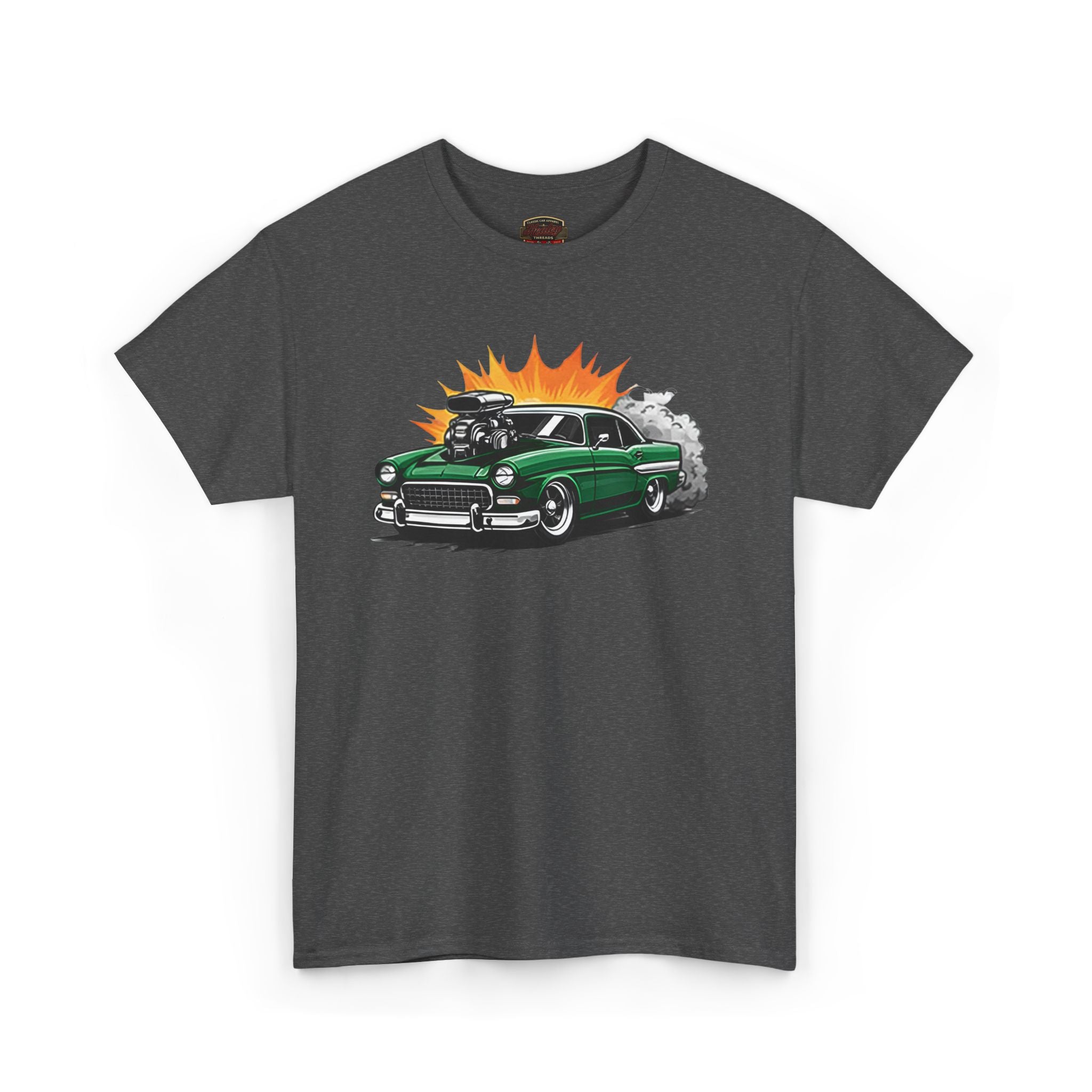 Gray t-shirt with a green car graphic on a white background
