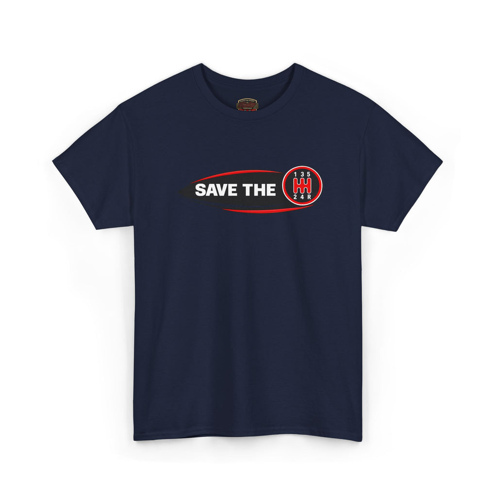 Navy blue t-shirt with 'Save the stick shift' graphic design on a white background