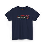 Navy blue t-shirt with 'Save the stick shift' graphic design on a white background