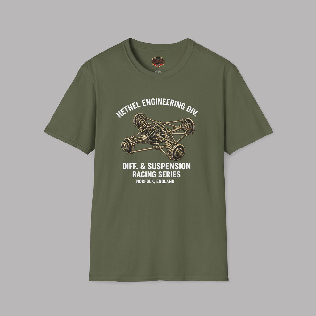 Military green t-shirt with automotive mechanical graphic and text on a gray background