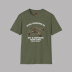 Military green t-shirt with automotive mechanical graphic and text on a gray background