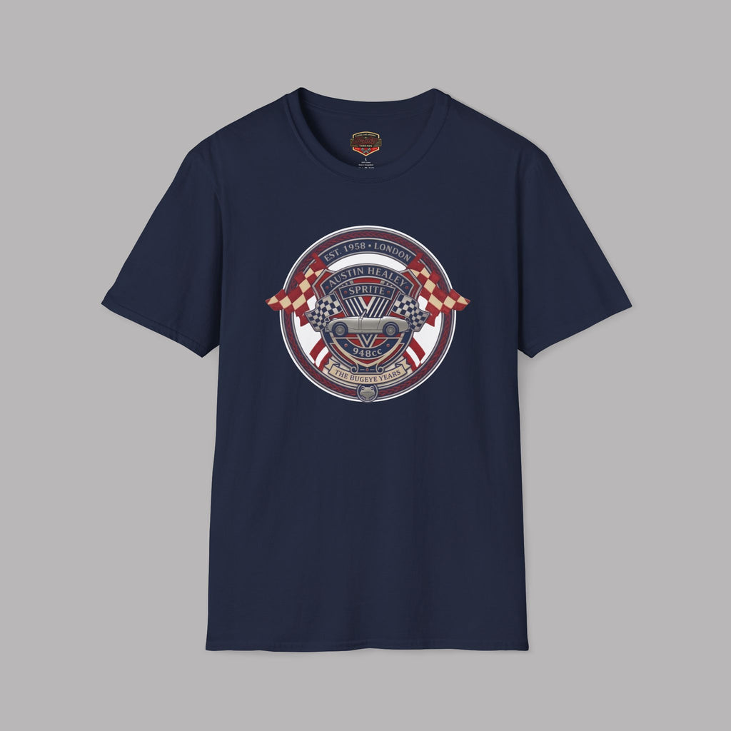 Navy blue t-shirt with a graphic Healey Sprite design on a gray background