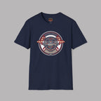 Navy blue t-shirt with a graphic Healey Sprite design on a gray background