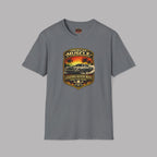 Sport gray t-shirt with a graphic design of a car and text on a gray background