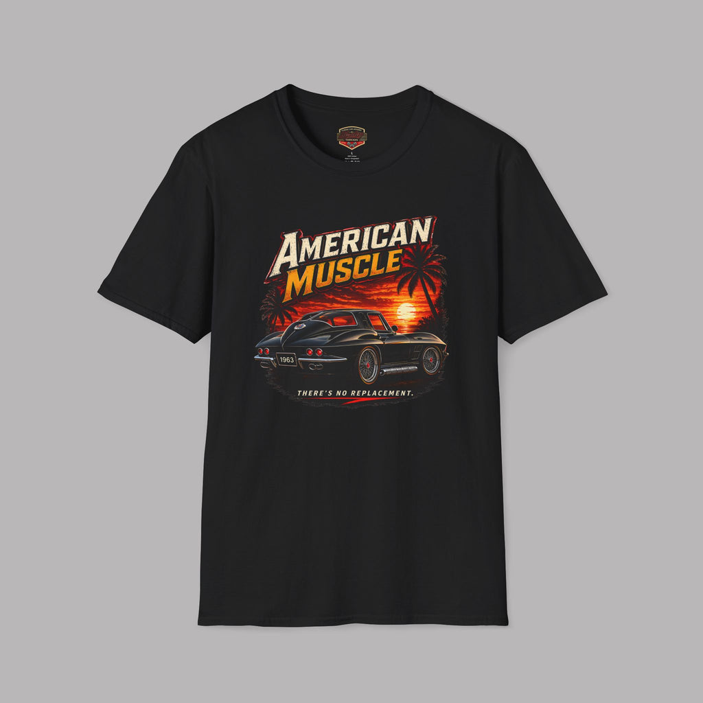 Black t-shirt with 'American Muscle' car graphic design on a gray background