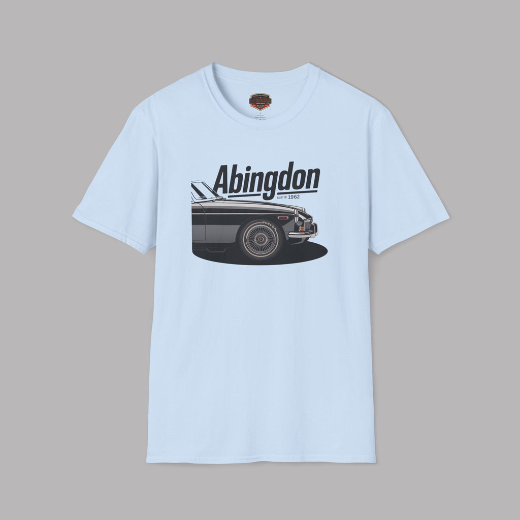 Light blue t-shirt with a graphic of a classic car and 'Abingdon' text on a gray background