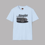 Light blue t-shirt with a graphic of a classic car and 'Abingdon' text on a gray background