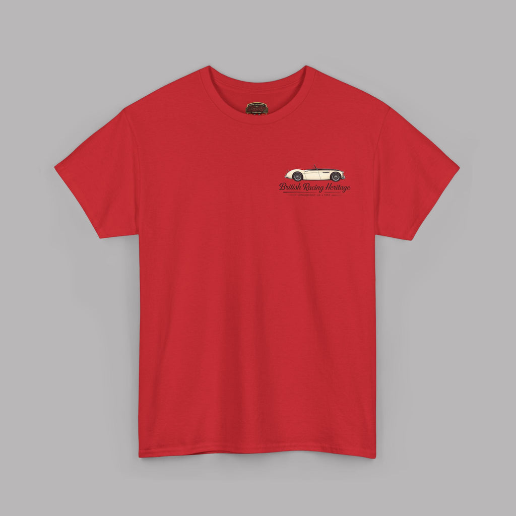 Front of a red t-shirt with a Healey classic car graphic design on a gray background