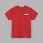 Front of a red t-shirt with a Healey classic car graphic design on a gray background