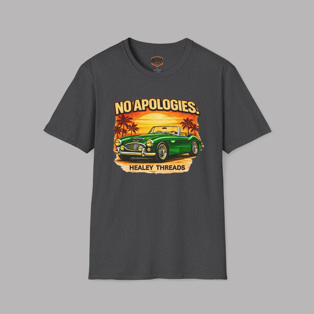 Dark heather t-shirt with a graphic of a green classic car and sunset design on a gray background