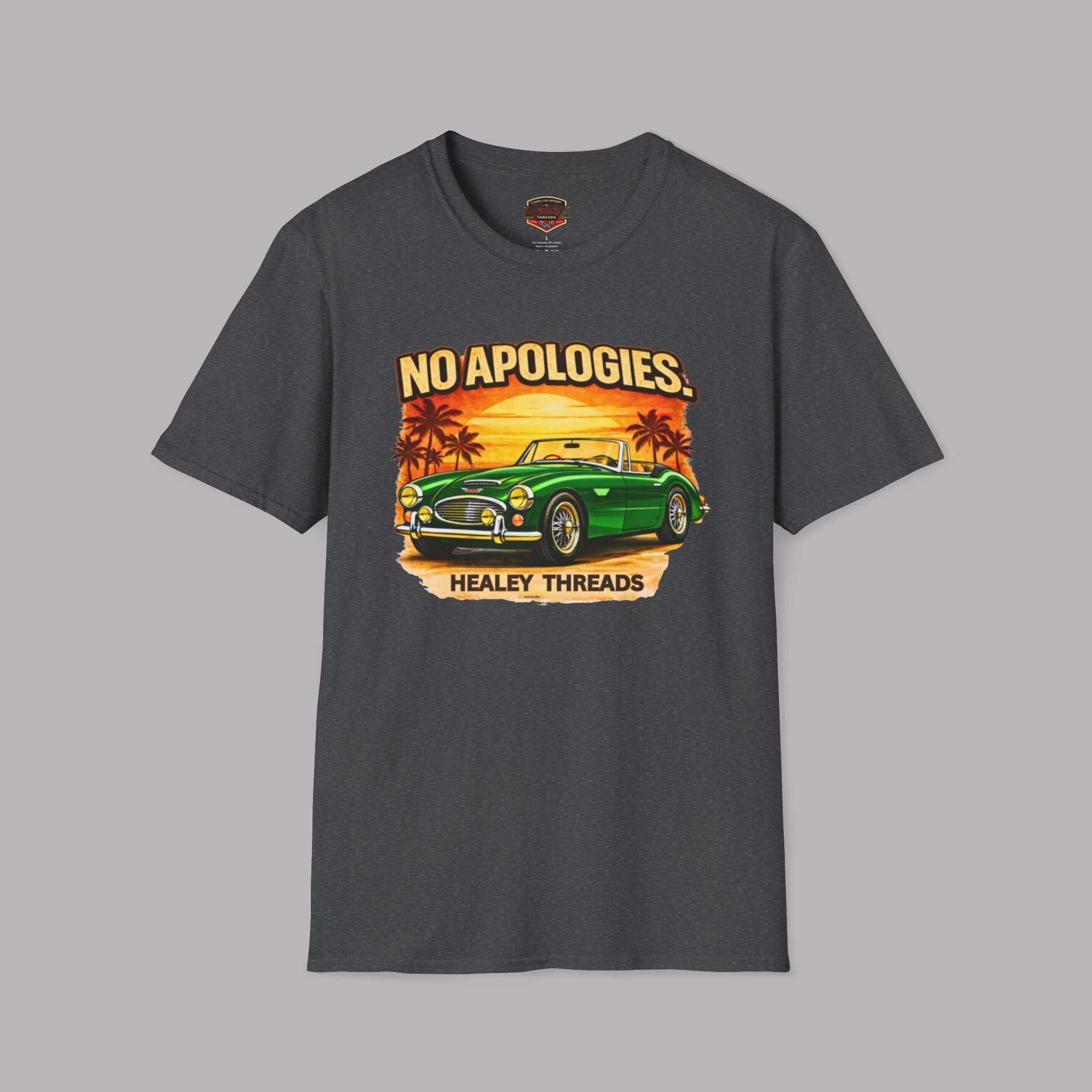 Dark heather t-shirt with a graphic of a green classic car and sunset design on a gray background