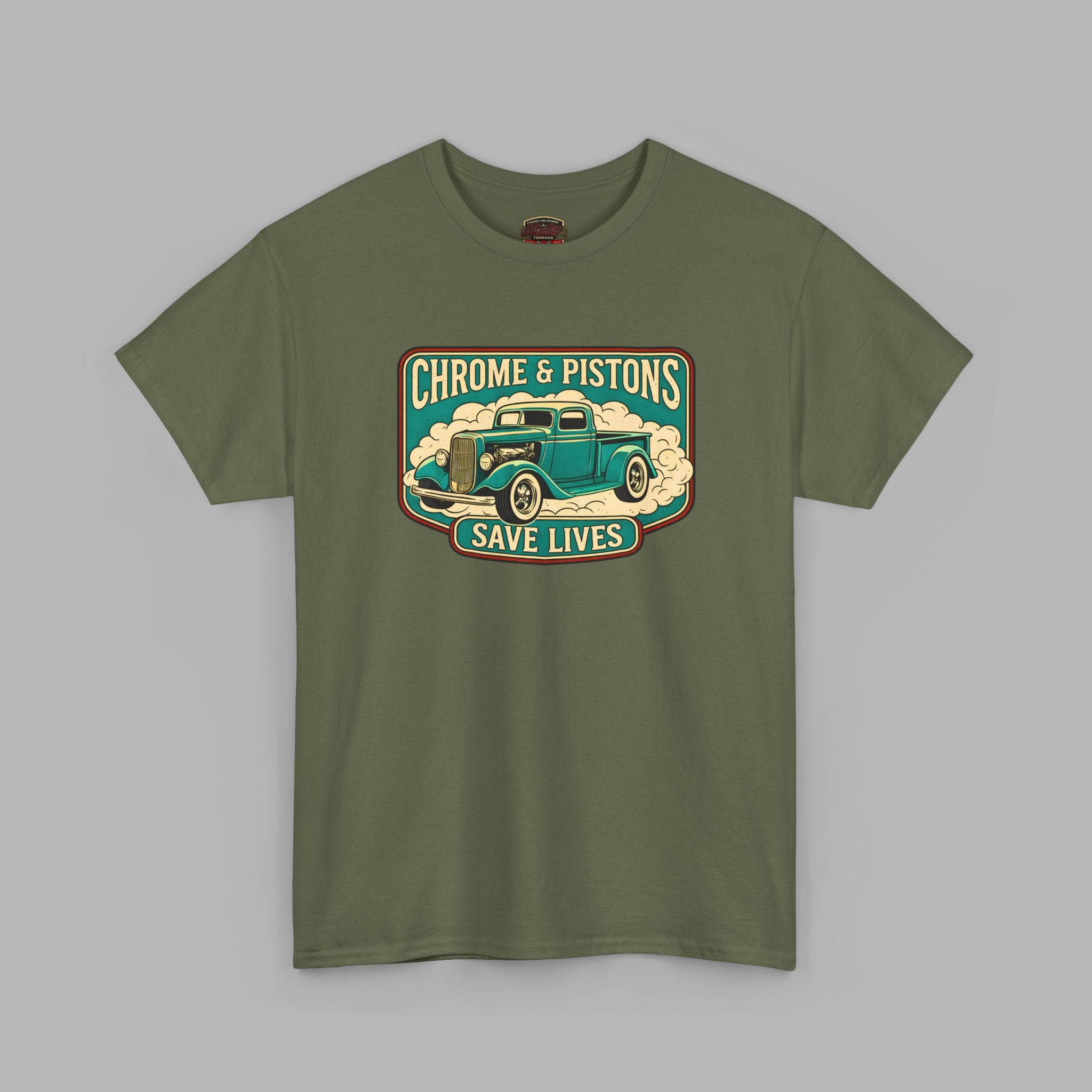 Chrome and Pistons T-Shirt – Vintage Hot Rod Graphic Tee
