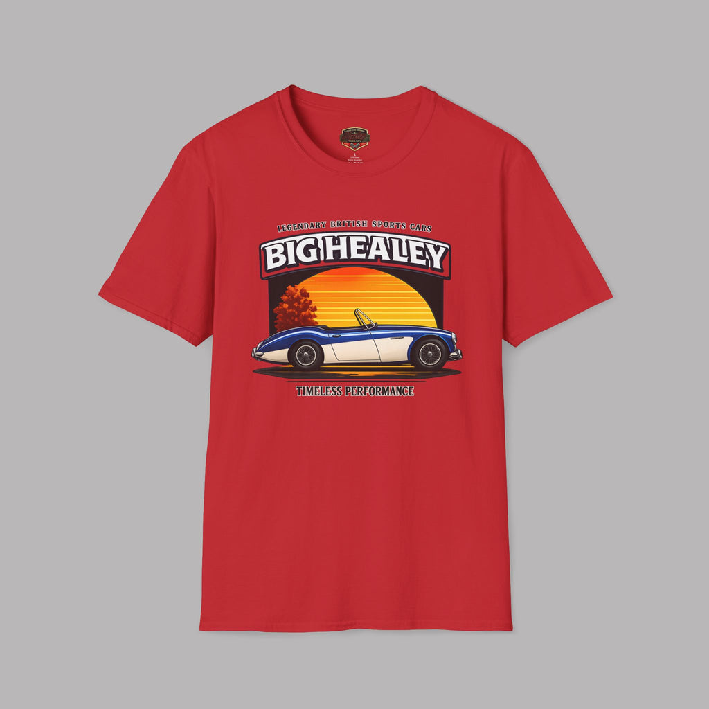 Big Healey graphic red t-shirt featuring a blue and white Austin Healey roadster with retro sunset artwork and vintage British sports car typography by Healey Threads