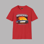 Big Healey graphic red t-shirt featuring a blue and white Austin Healey roadster with retro sunset artwork and vintage British sports car typography by Healey Threads