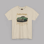 Sand t-shirt with a green classic car graphic and text on a gray background