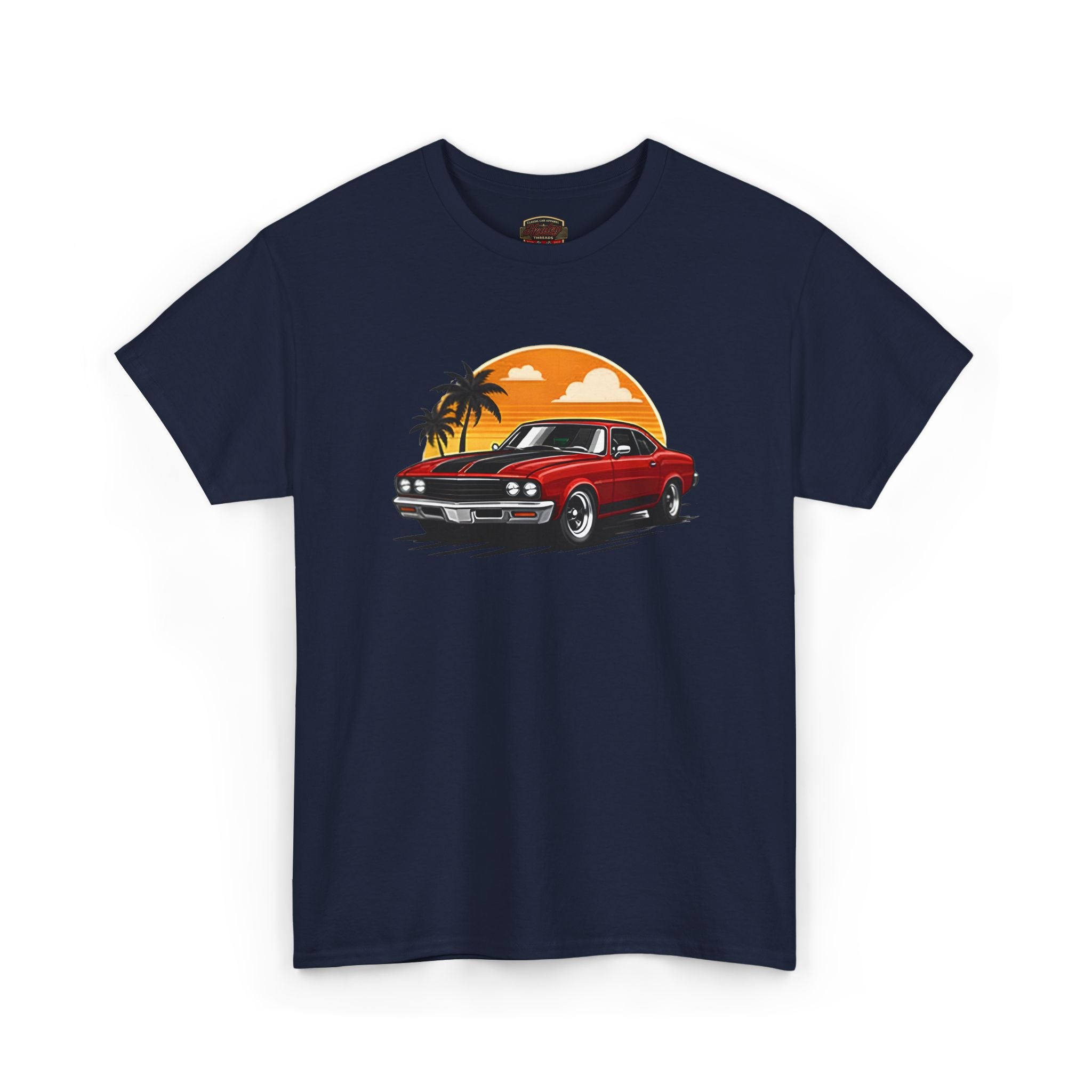 Navy blue t-shirt with a red car graphic on a white background