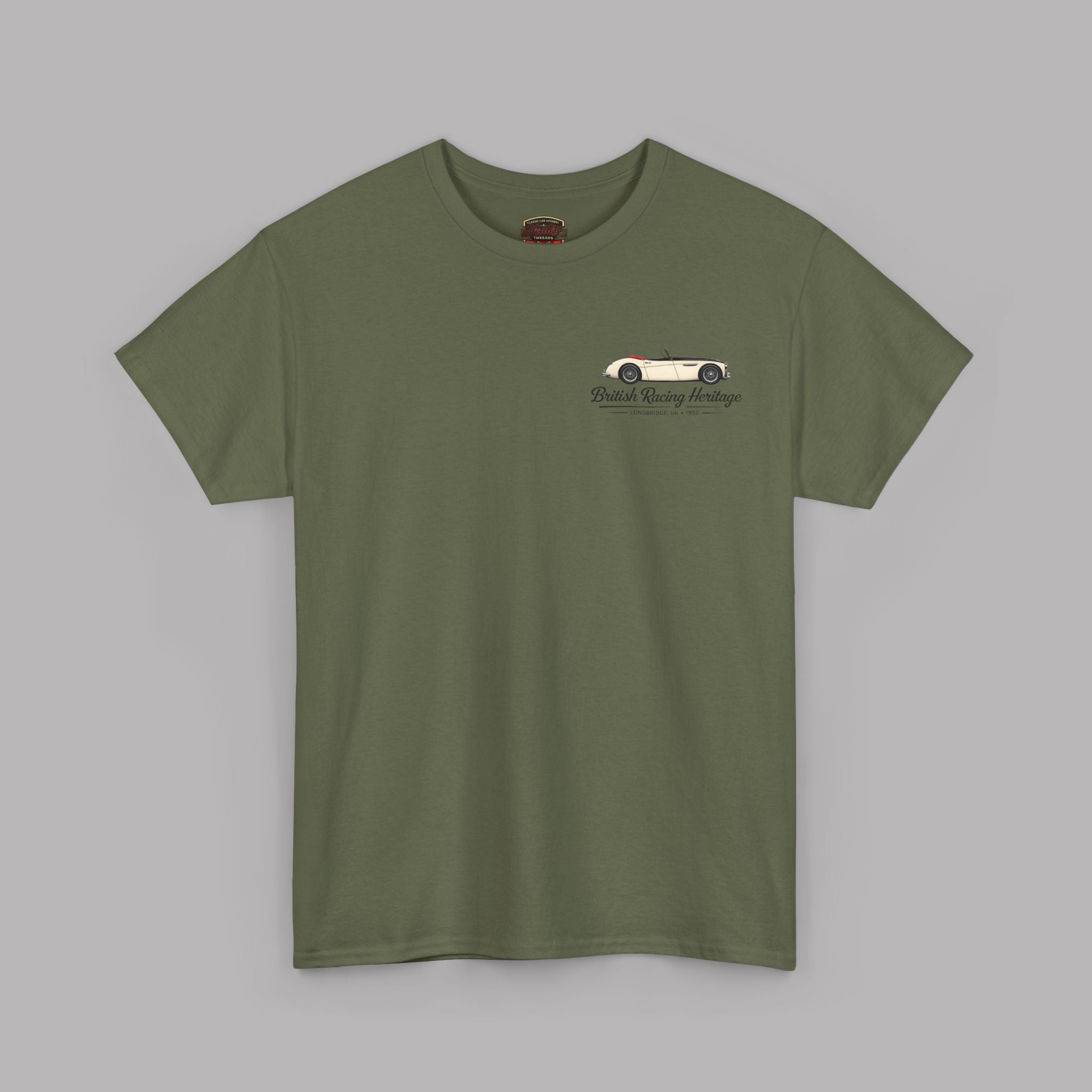 Military green t-shirt with a small Healey car design and back text on a gray background
