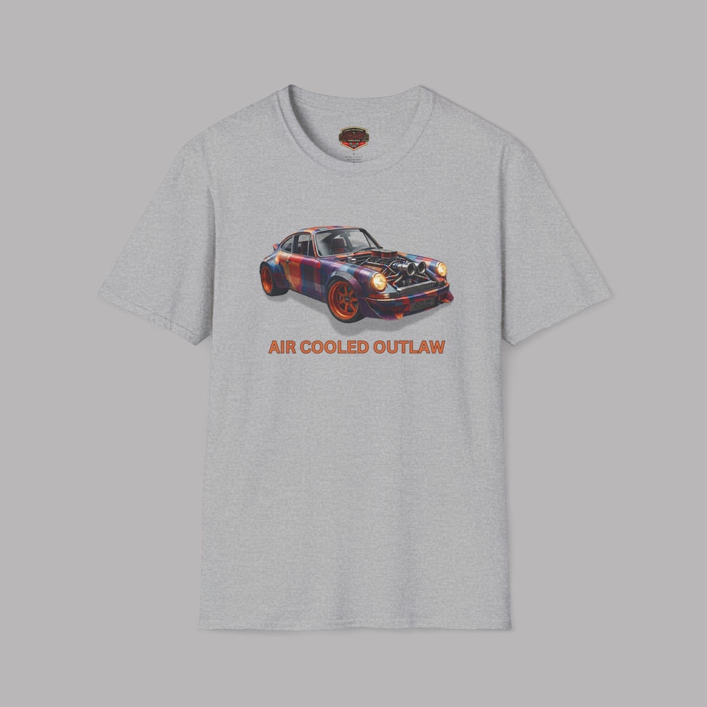 Sport gray t-shirt with a car graphic and 'AIR COOLED OUTLAW' text on a gray background