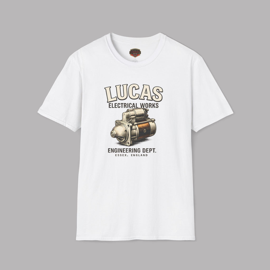 White t-shirt with Lucas Electrical Works graphic on a gray background