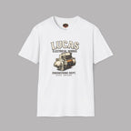 White t-shirt with Lucas Electrical Works graphic on a gray background