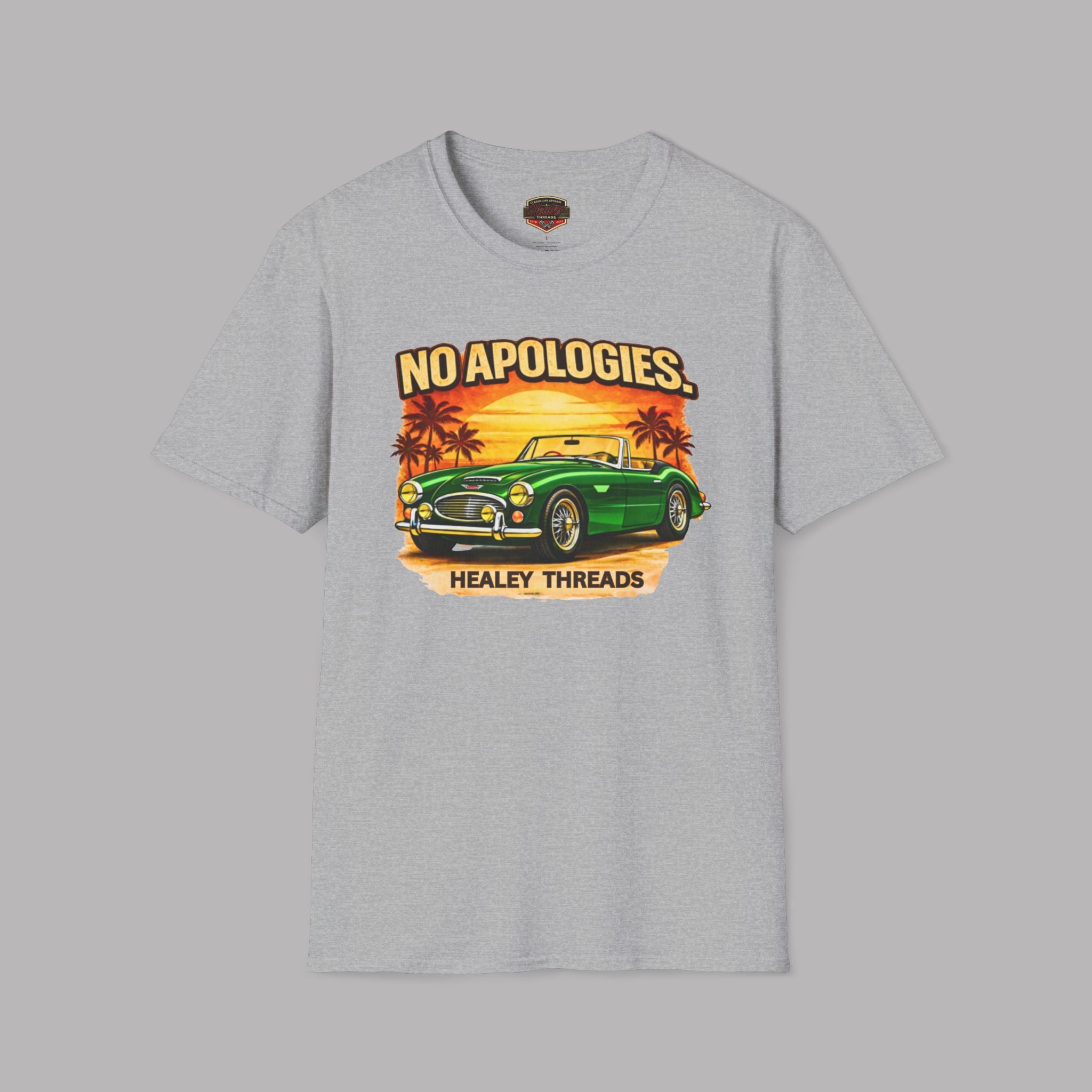 Sport gray t-shirt with a green Healey classic car graphic and 'No Apologies' text on a gray background
