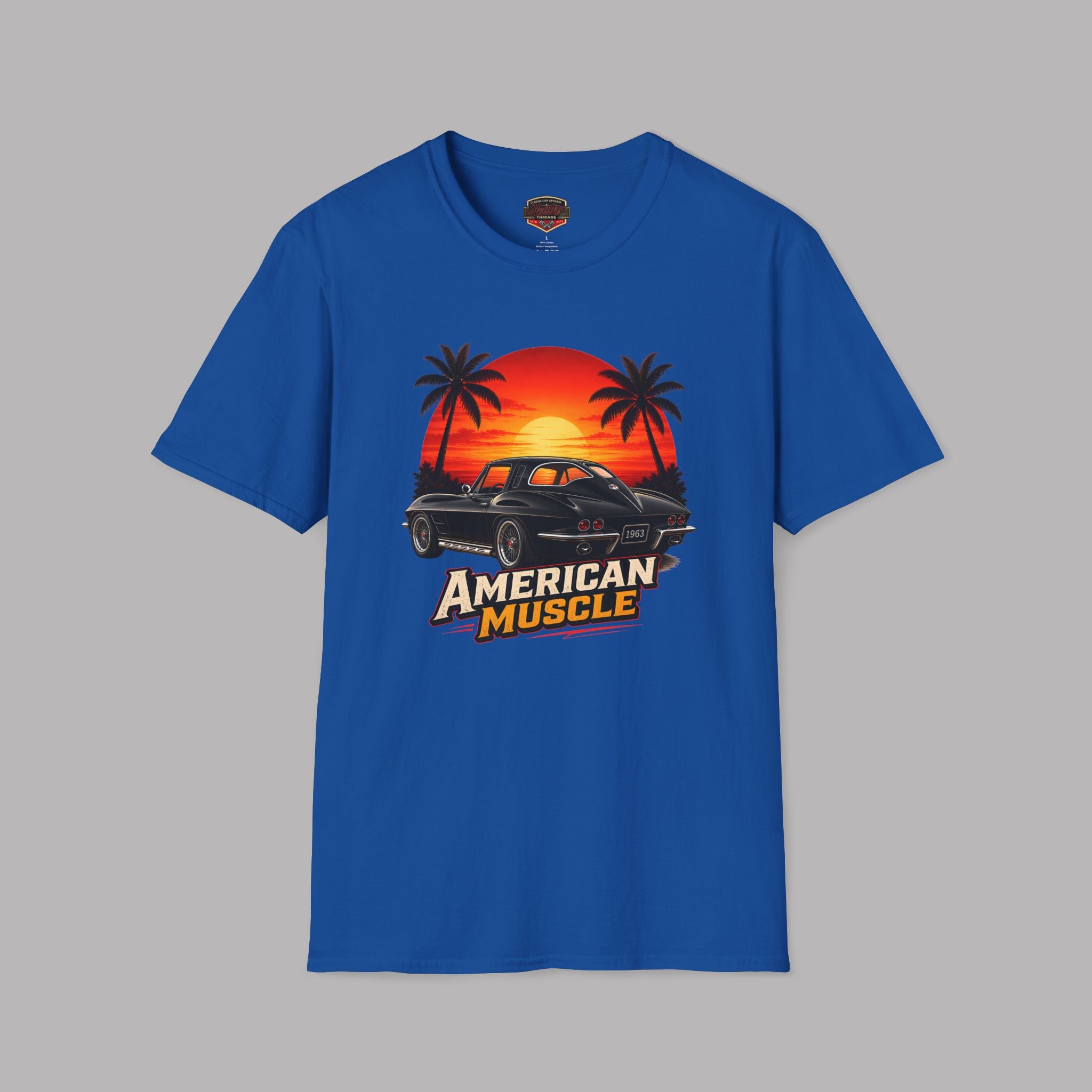 Royal blue t-shirt with 'American Muscle' graphic design on a gray background