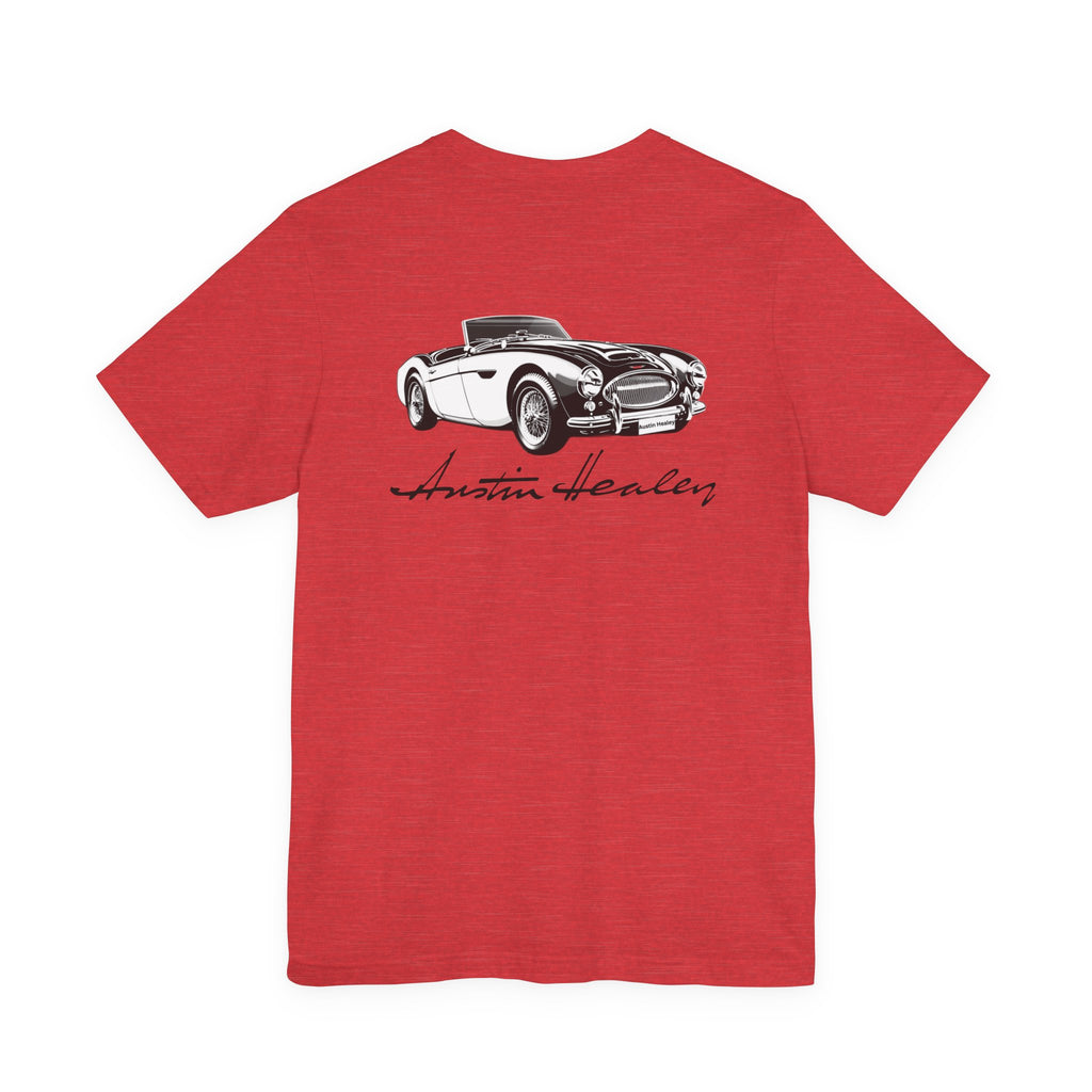 Back of a heather red t-shirt with Austin Healey car design on a white background.