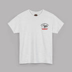 Ash t-shirt with a graphic Healey car design on left chest on a gray background