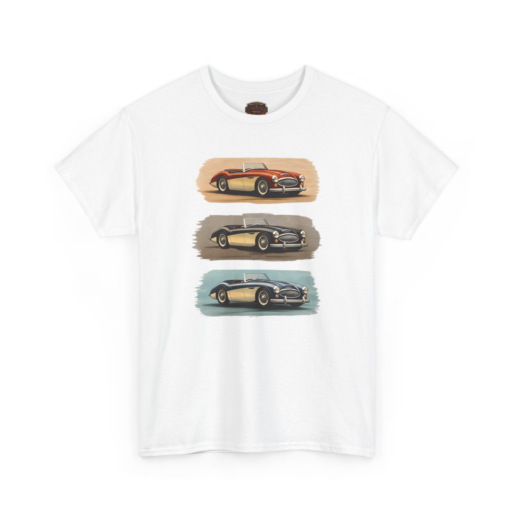 White t-shirt with vintage Healey car graphics on a white background