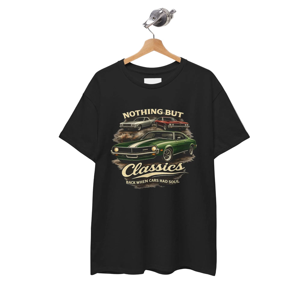 Black t-shirt with classic car graphic and text on a hanger against a white background
