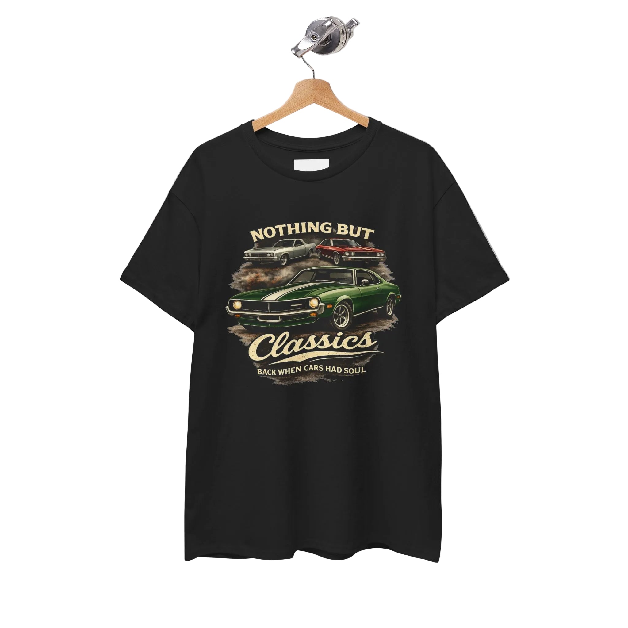 Black t-shirt with classic car graphic and text on a hanger against a white background