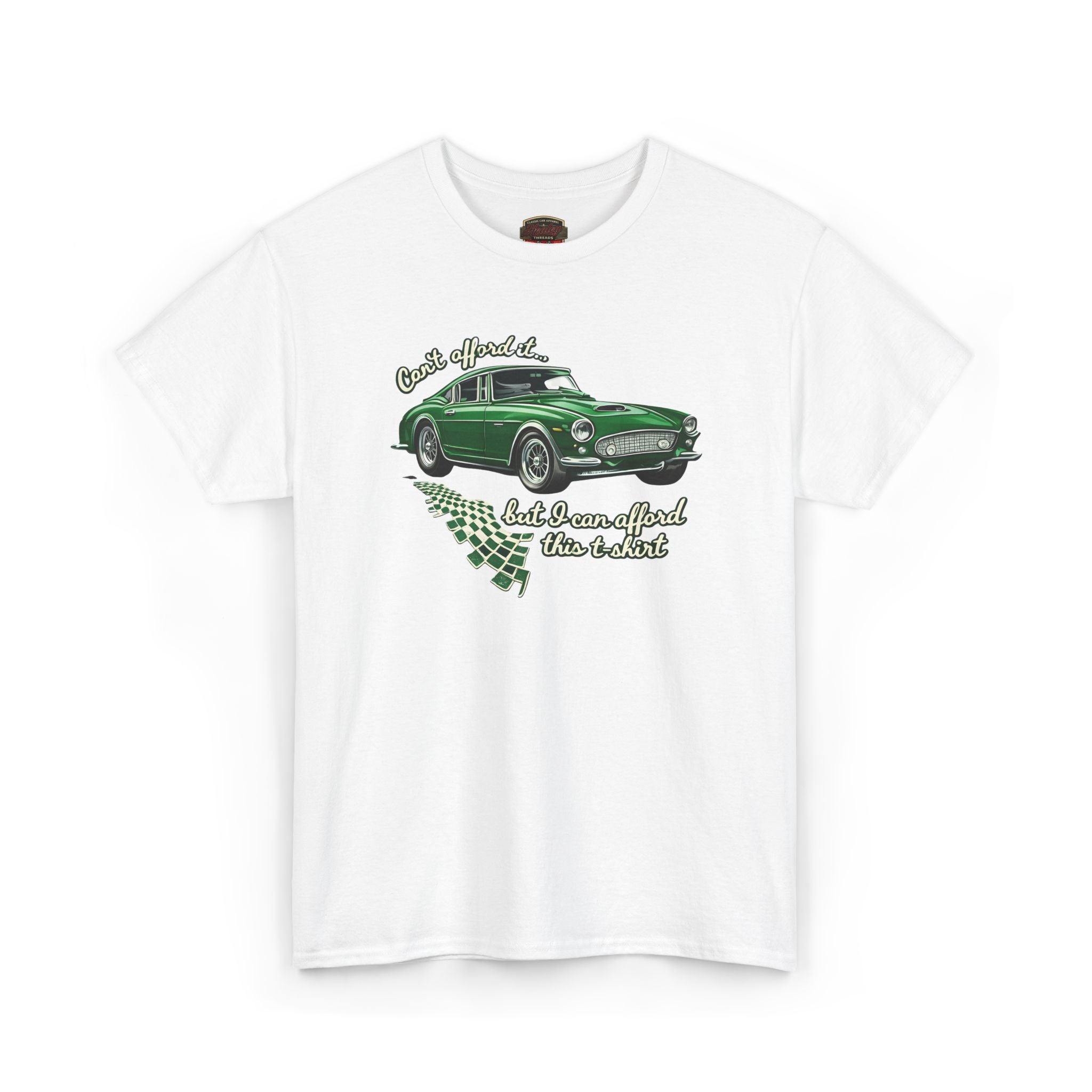 White t-shirt with a green car graphic and text on a white background